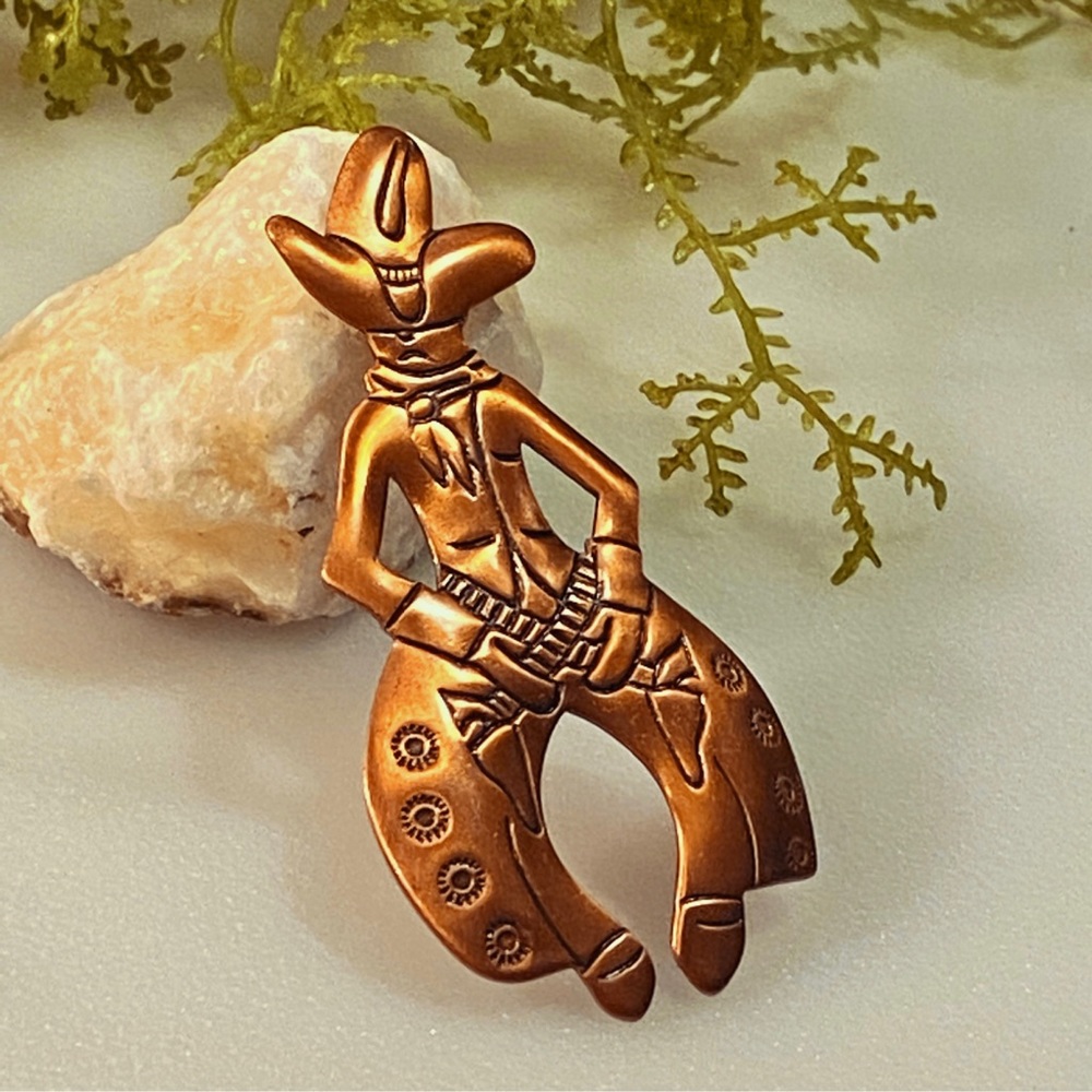 Navajo Vintage Bell Trading Post Copper Cowboy with Chaps Brooch/Pin RARE - Picture 2 of 9